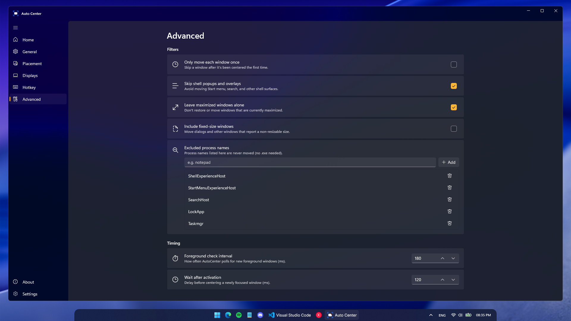 Advanced page showing window filter toggles and an excluded process names list with add and per-row remove buttons