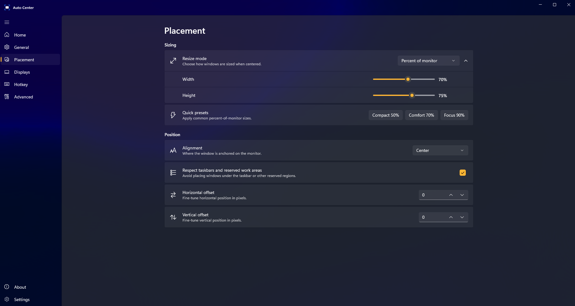 Placement page showing resize mode, width and height percent sliders, quick presets, alignment, and offset controls