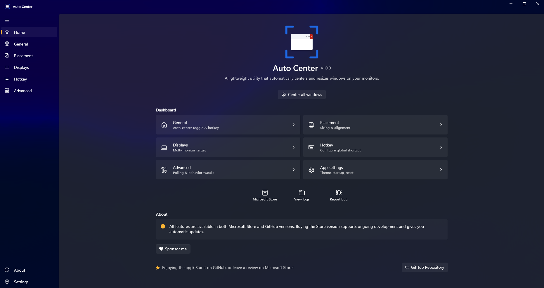 Auto Center home dashboard showing the version, dashboard cards for General, Placement, Displays, Hotkey, Advanced, and App settings, plus the Center all windows button