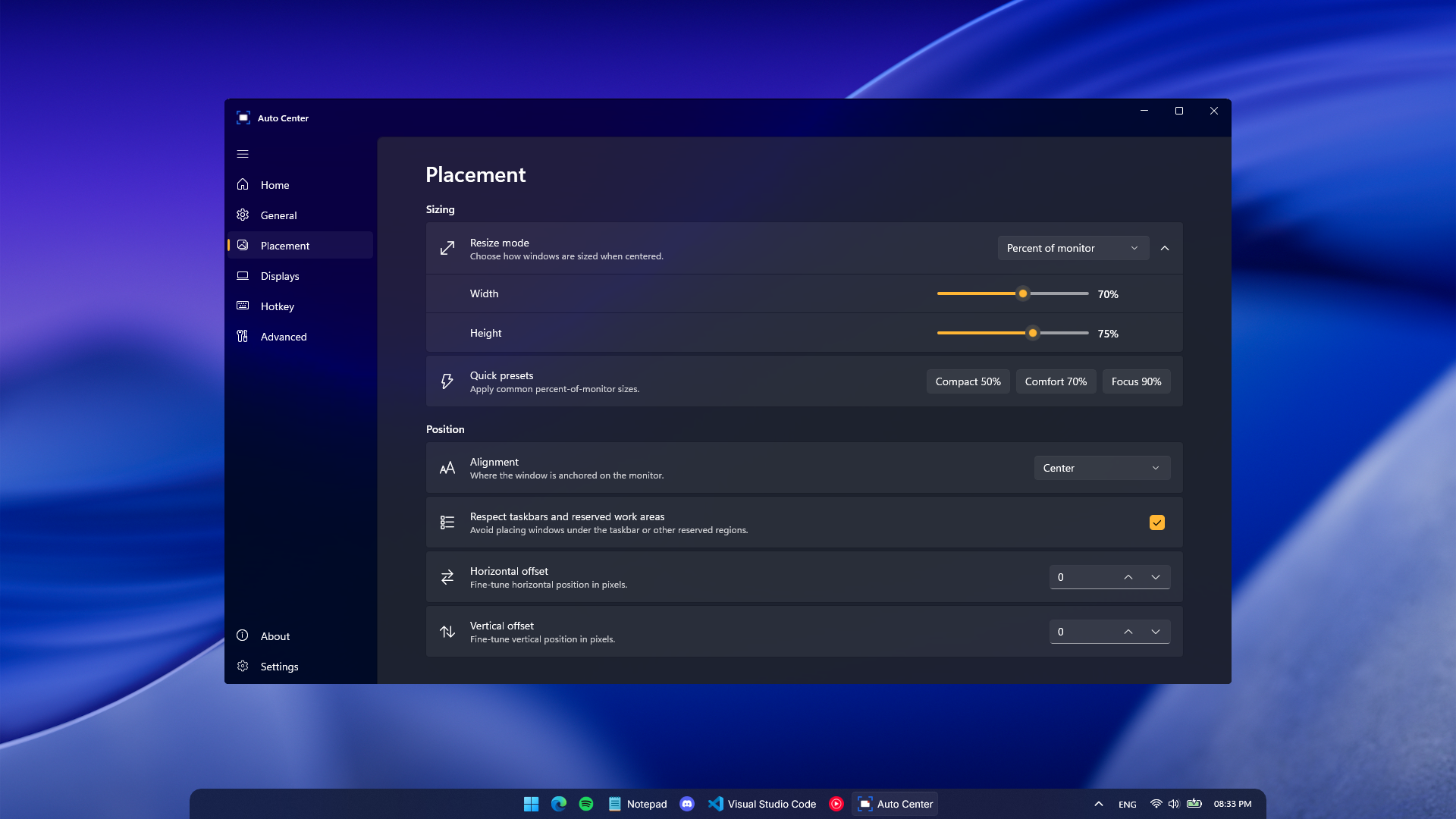 Auto Center running on a Windows 11 desktop, showing the Placement page in context